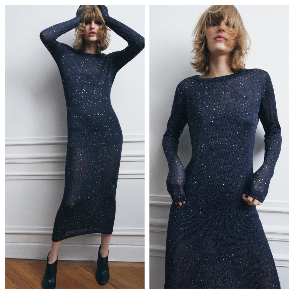 Zara Sequin Knit Midi Dress Navy Blue Long Sleeve Keyhole Back 5536/131 NEW L